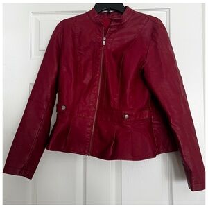 Burgundy peplum faux leather jacket